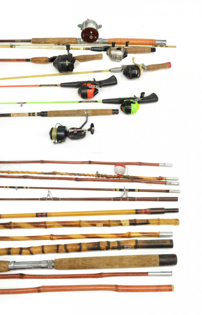 VINTAGE BAMBOO, BAY, SPIN CASTING FISHING RODS: (lot) Collection of vintage fishing rods, spin casting, bait casting, bamboo and bay fishing, most unassembled and in separate parts, including: Garcia Mitchell 510; Zebco Model numbers 808, 202, Hot