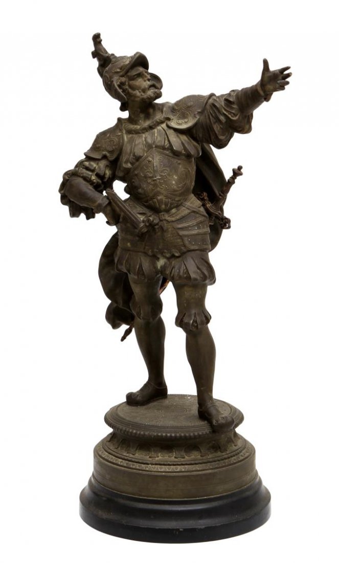 ANTIQUE SPELTER MILITARY SOLDIER ON BASE: Antique spelter military soldier, c. 1900, the figure with raised arm having one sword to the the back and sword lacking blade at the front, standing upon a circular black base, loss to finger tips, 2