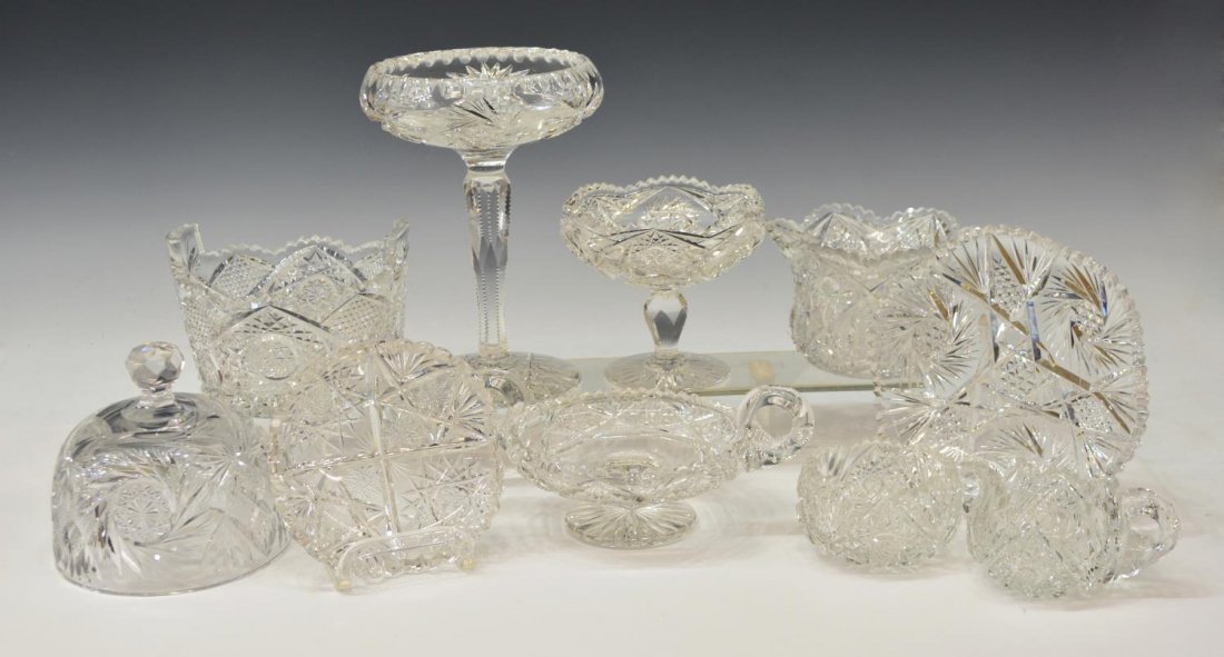 (10) AMERICAN BRILLIANT PERIOD CUT GLASS GROUP: (lot of 10) Collection of American Brilliant Period cut glass table items, varied patterns, comprising: (1) compote, hobstar pattern with cut stem, 8"h; (1) ice bucket, hobstar and cross hatch pattern