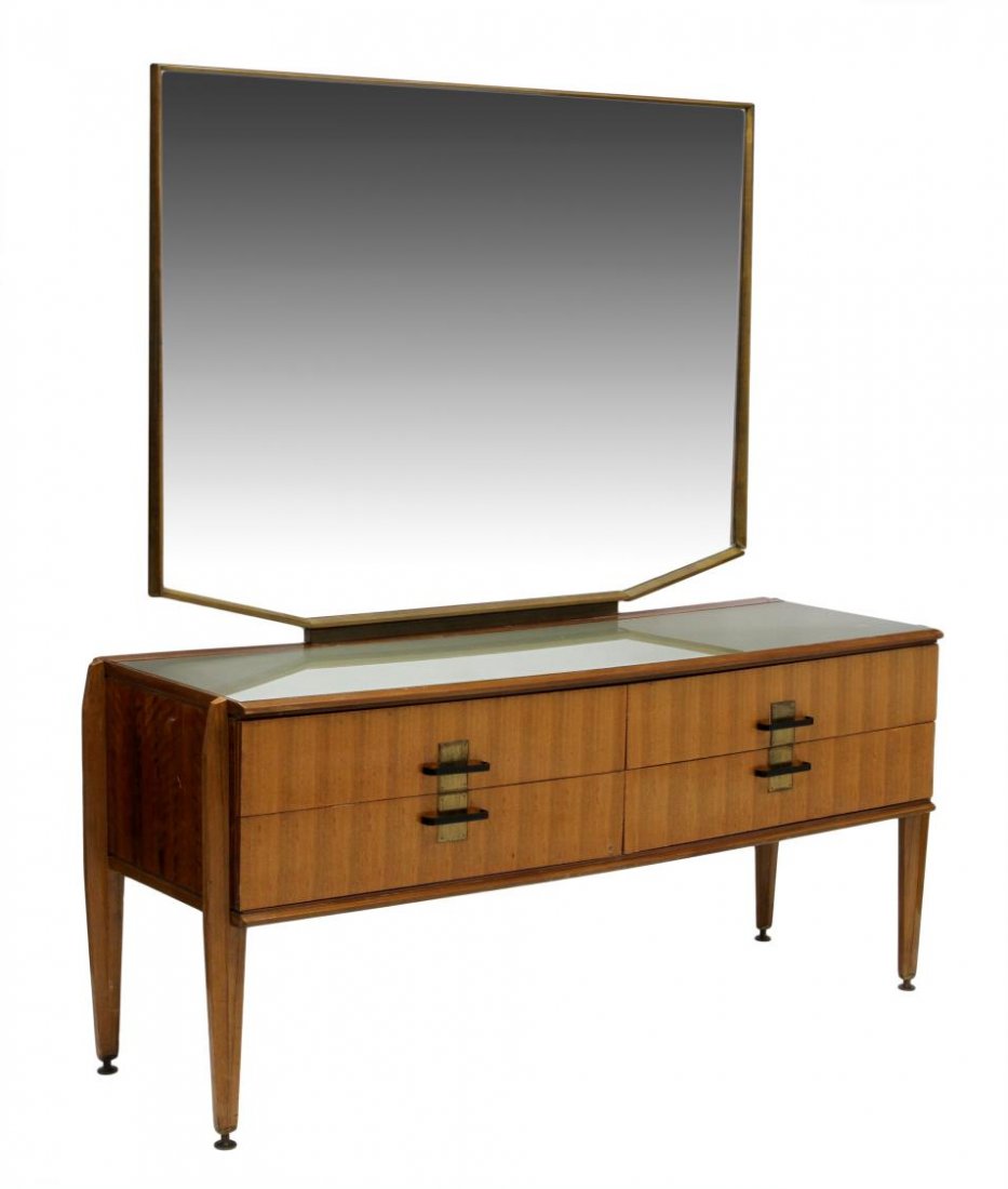 ITALIAN MID-CENTURY MODERN COMMODE, VITTORIO DASSI: Italian mid-century modern mirrored gloss finish commode, design by Vittorio Dassi (Milan, 1893-1973), a shaped mirror over the inset glass top, four drawers, raised on tapered supports beginning at t