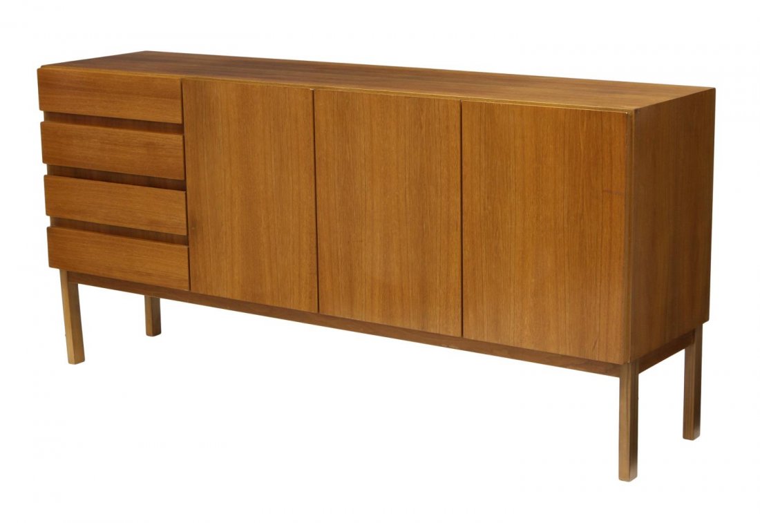 DANISH MID-CENTURY MODERN TEAKWOOD SIDEBOARD: Danish mid-century modern teakwood sideboard by WK Mobel, c. 1960, rectangular with three doors, four drawers at one end, rising on squared legs, 37.75"h, 68.75"l, 17"d Start Price: $500.00