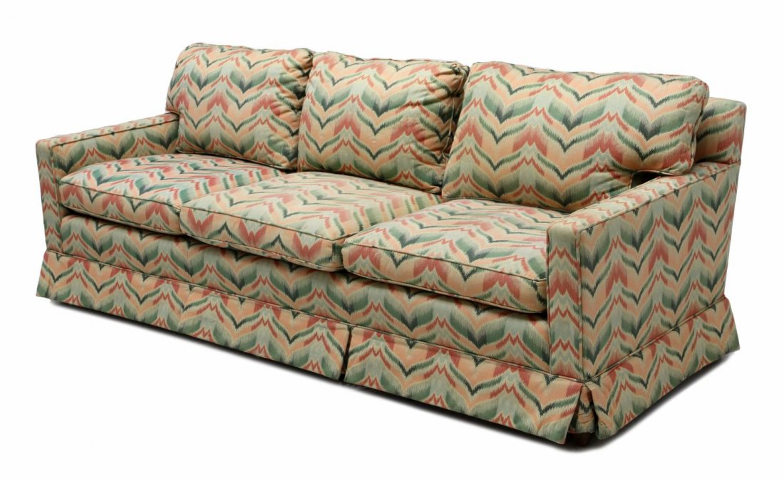 ZIG ZAG FABRIC THREE CUSHION SOFA: Three cushion sofa, Special Design Inc., Houston, zig zag pattern upholstery, square tapered front legs, 29.5"h, 62"l, 32"d Start Price: $50.00