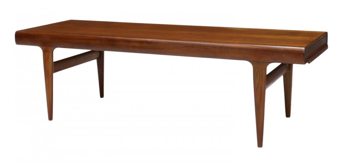 DANISH MID-CENTURY MODERN TEAKWOOD COFFEE TABLE: Danish mid-century modern teakwood coffee table, c. 1960, rectangular with a pull out tray at one end, a pull out drawer at the other end, rising on tapered legs, 20.5"h, 67"l, 23.5"d Start Price: $15