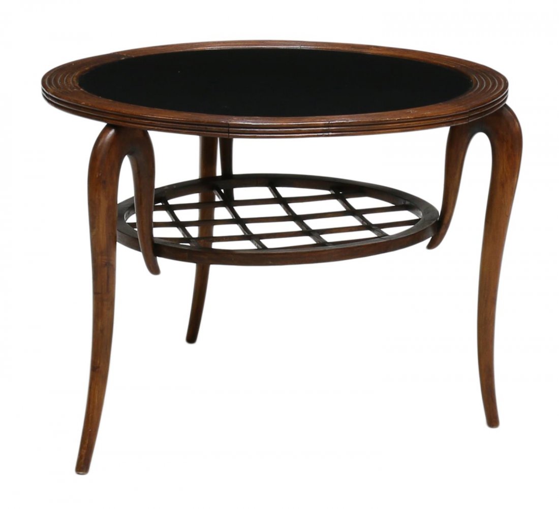 ITALIAN MODERN CIRCULAR TOP COFFEE TABLE: Italian modern design coffee table, c. 1960, the circular rattan look top with inset glass rising on curving legs joined by a lower tier, 20"h, 26.5"diameter Start Price: $150.00