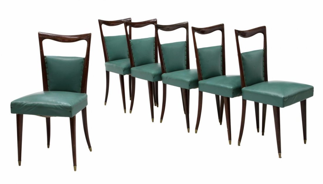 (6) ITALIAN MID-CENTURY MODERN DINING CHAIRS: (lot of 6) Italian mid-century modern chairs, published in the "Mobile Italiano annual 1940/1950, La Terza, 1992, the crest rail over a half upholstered back and seat in green vinyl, raised on brass c