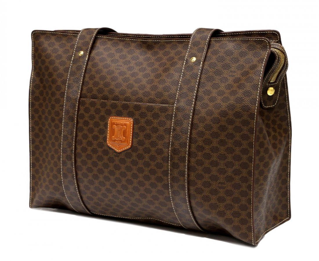CELINE BROWN MACADAM CANVAS & LEATHER TOTE BAG: Celine Paris tote / shoulder bag in brown macadam monogrammed canvas, brown leather accents, gold tone hardware, large cell pocket on front of exterior, single zipper opening to deep brown lined inter