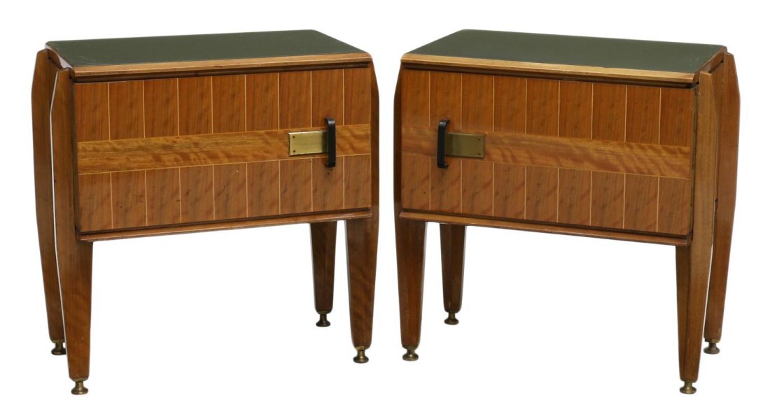ITALIAN MODERN BEDSIDE CABINETS, VITTORIO DASSI: (lot of 2) Italian mid-century modern gloss finished bedside cabinets, design by Vittorio Dassi (Milan, 1893-1973), the rectangular inset glass top over a single door, raised on tapered supports begin
