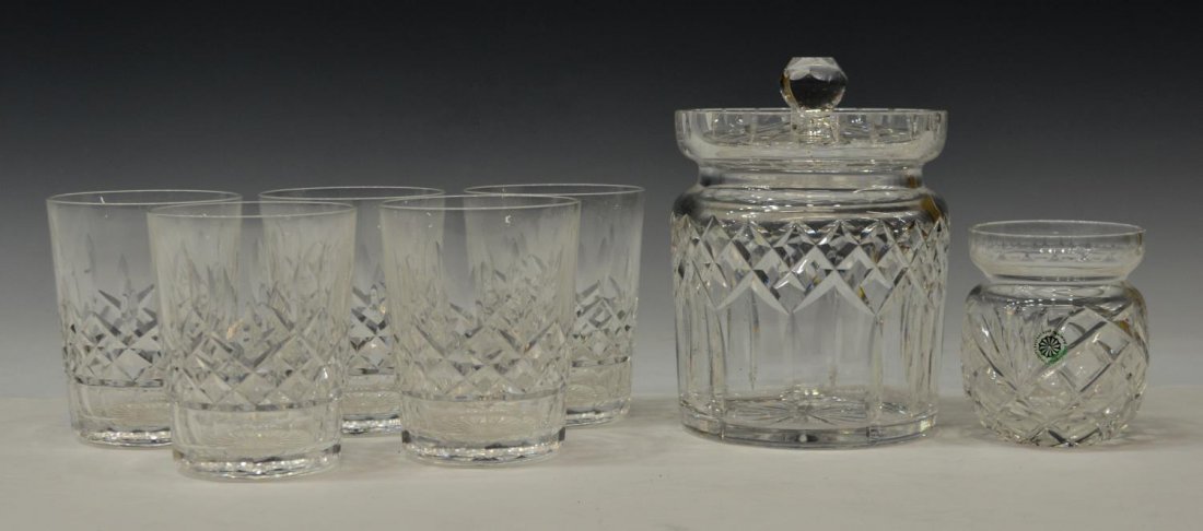 (7) WATERFORD & GALWAY CRYSTAL DRINK & TABLEWARE: (lot of 7) A group of cut crystal drink and tableware: (5) Waterford 'Lismore' double old fashioned glasses, 4.5"h; (1) Waterford 'Lismore' biscuit barrel with lid, 7"h; (1) Galway condiment jar, 3.75