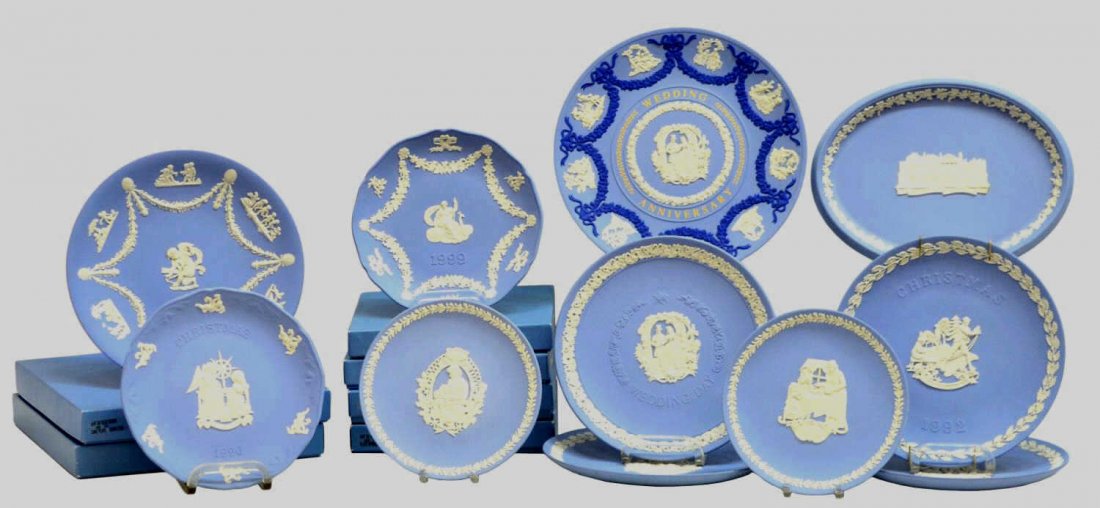 (15) WEDGWOOD BLUE JASPERWARE COLLECTOR'S PLATES: (lot of 15) Collection of English Wedgwood blue jasperware collector's plates, each with incised mark on base, comprising: (2) Wedding plates, one Wedding Anniversary with ornate white and dark blue r