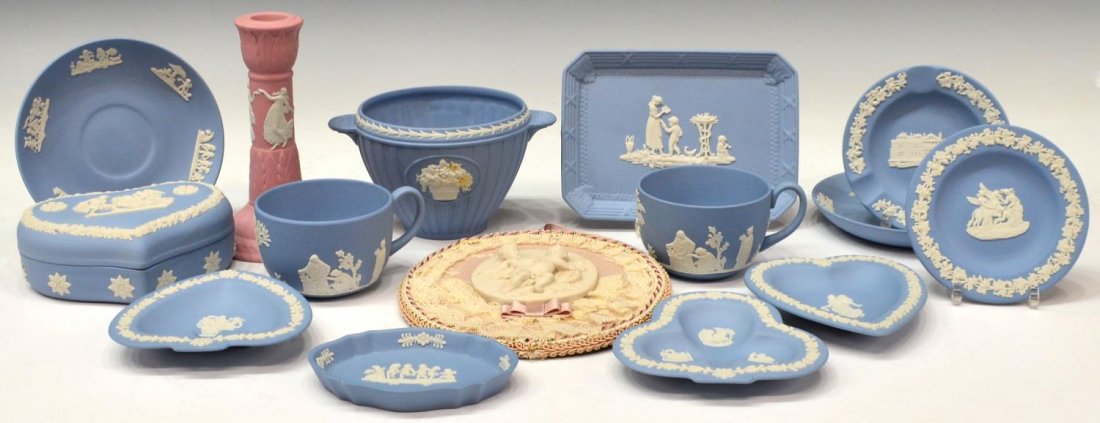 (15) WEDGWOOD BLUE JASPERWARE TABLE ARTICLES: (lot of 15) Collection of English Wedgwood blue jasperware table articles, each with incised mark to base, comprising: (1) handled vertically ribbed bowl having reserves of flower bouquets, 3.75"h, 4.