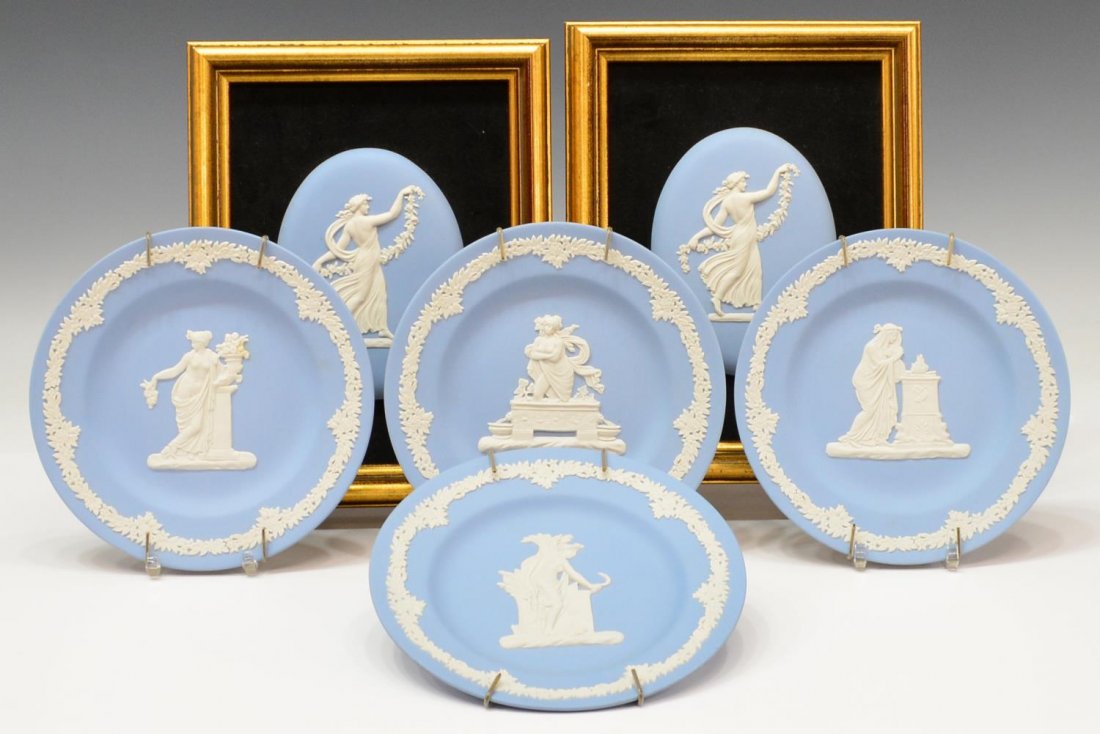 (6) COLLECTION WEDGWOOD BLUE JAPSPERWARE ITEMS: (lot of 6) Collection of English Wedgwood blue jasperware articles, comprising: (4) central classical figure in relief with floral border, each with detachable metal wall mounts, 6.75\"diam; (2) frame