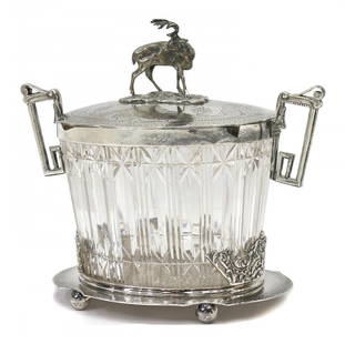 SHEFFIELD SILVERPLATE & CUT GLASS STAG BISCUIT JAR: Victorian oval cut glass biscuit jar / caddy with silver plate mountings, John Wigfall & Company, Sheffield, (active1889-1911, Auckland Works), the hinged, engraved lid surmounted by a stag standing