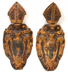 (2) ITALIAN 18TH C. RELIGIOUS WALL SCONCES: (lot of 2) Italian religious gilt accented wall sconces constructed of textile reinforced paper mache, 18th c., the top formed as a mitre with beaded edge and cross symbols, the body with a