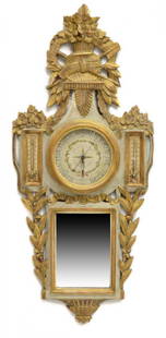 DECORATIVE FRENCH CARVED & PARCEL GILT BAROMETER: French decorative wall mount parcel gilt and polychrome carved wood barometer / thermometer, dial above small square mirror, both Fahrenheit and Celsius thermometers, damage to Celsius thermometer,