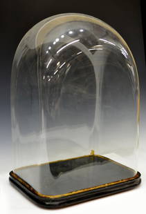 LARGE CONTINENTAL ANTIQUE GLASS DOME DISPLAY: Large Continental antique glazed dome display fitted on a wood base, raised on small feet, no cracks or major chips noted, approx 25.25"h, 16.5"l, 13"d Start Price: $100.00