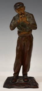 ANTOINE BOFILL, BRONZE FIGURE, ETLING FOUNDRY MARK: Bronze sculpture, Man Lighting Pipe, signed at back Bofill (Antoine Bofill, Spanish/French, active 1894-1939), bearing the foundry mark "Etling, Paris" at one side, 7.7/8"h, 3.5"w, 3.25"d, 1lb Start