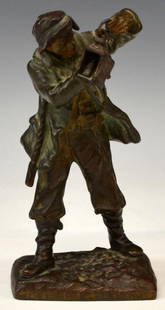 VICTOR ROUSSEAU (1865-1954), BRONZE SCULPTURE: Bronze sculpture, Man with Lantern, signed at back Rousseau (Victor Rousseau, Belgium, 1865-1954), lacking pipe, 7.75"h, 3.75"w, 2.5"d, 2.5lb Start Price: $100.00