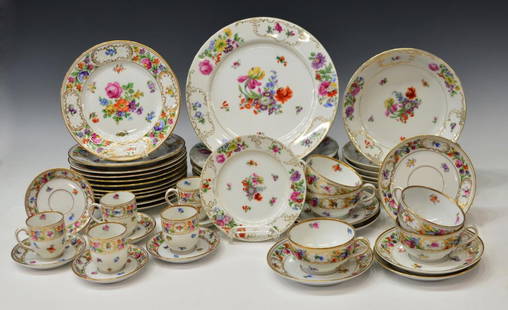 (46) EMPRESS DRESDEN FLOWERS SERVICE, ASSEMBLED: (lot of 46) Schumann Bavaria 'Empress Dresden Flowers' porcelain dessert service, comprising: (11) dessert plates, 7.75"diam; (5) teacups, 2"h, 3.5"diam; (6) teacup saucers, one with flaw rim,