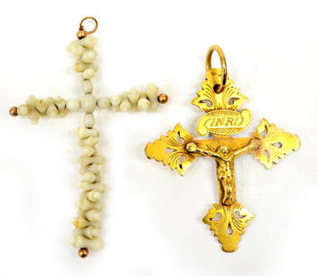 (2) 20KT GOLD & WHITE CORAL BEADED CROSS PENDANTS: (lot of 2) Cross pendants: (1) 20kt gold (tested) dual sided crucifix / cross having engraved accents, the Crucifixion shown to one side, the Blessed Mother and the Christ Child on the other, 2.25"h,