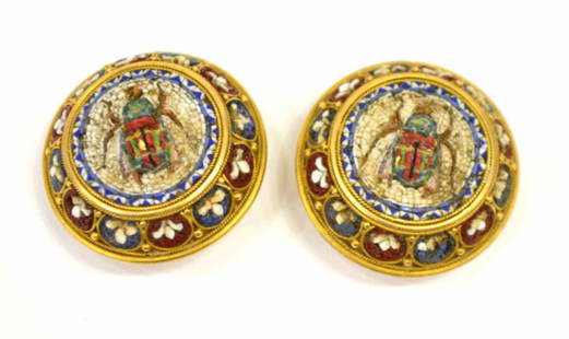 ANTIQUE GOLD SCARAB MICRO MOSAIC INLAID CUFF LINKS: (pair) Antique Continental micro mosaic cuff links, each inlaid with a scarab, 18kt or better gold frame (tested), hallmark a possible fleur de lis, loss of inlay, .75"diam, 15.8 grams (inclusive of