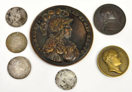 (7) MEDALS & COIN, FRENCH 18TH CENTURY, 1602 COIN: (lot of 7) A coin and medals: (1) French 1602 silver half franc, Henry IV; (1) Louis XVI, 1779, "Comitia Burgundie; (1) 1768 Louis XV silver medal, "Jeton Des Etats de Bretagne", hole near edge; (1)