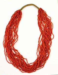 CHINESE MULTI-STRAND BEADED RED CORAL NECKLACE: Chinese multi-strand red coral beaded necklace on woven cord, approx 28"l, 181 grams (inclusive of all material) Start Price: $150.00