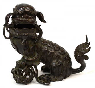 ANTIQUE CHINESE BRONZE FIGURAL FOO LION CENSER: Antique Chinese figural patinated bronze censer modeled as a seated Shishi lion with curled mane and upturned tail, hinged head, 6.25"h, 6"l, 3"w, 2lbs total Start Price: $100.00