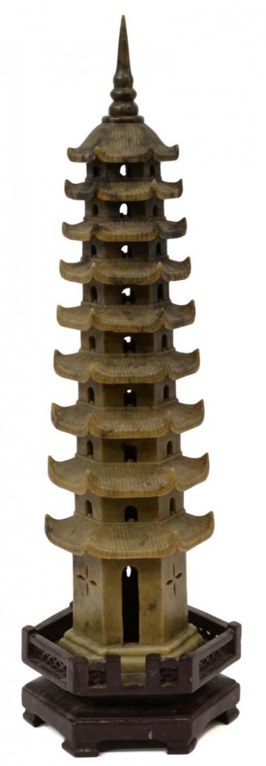 TALL CHINESE CARVED SOAPSTONE MODEL OF A PAGODA: Tall Chinese carved soapstone pagoda executed in green stone with removable top spire and nine levels, mounted on a contrasting base, 16.5"h, 5.5lbs Start Price: $50.00