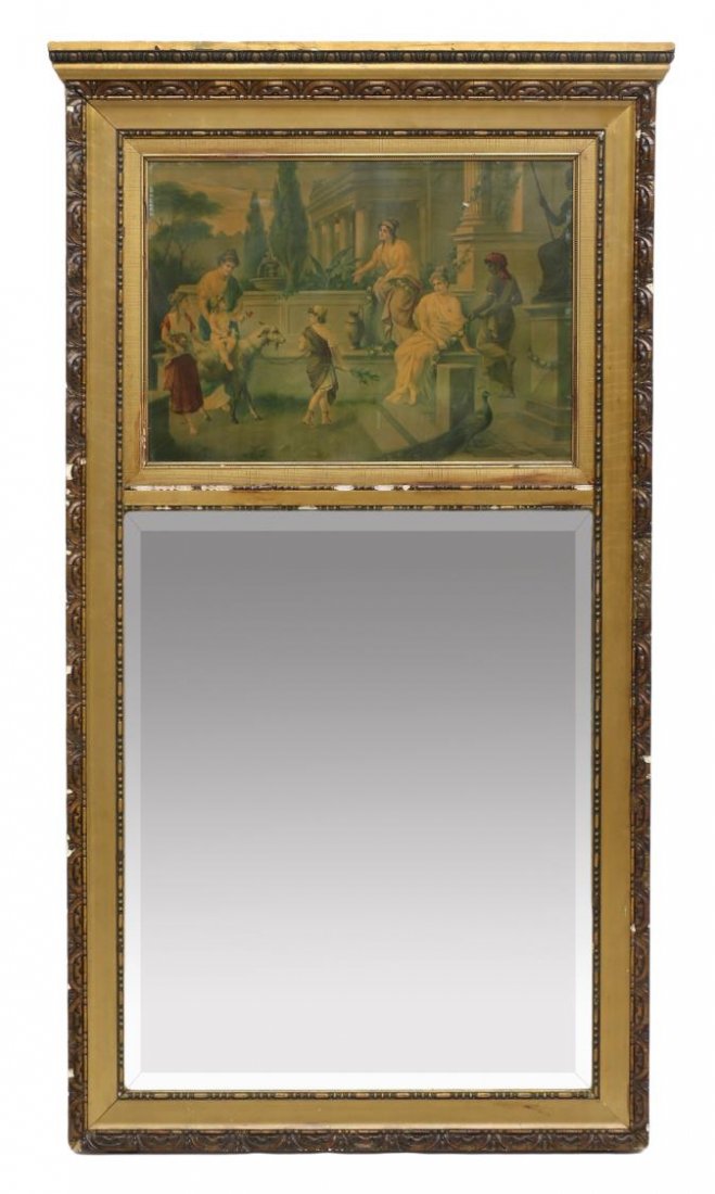 FRAMED TRUMEAU MIRROR: American framed trumeau mirror, c. 1900, the projecting cornice over a classical courtyard scene, the lower part a beveled mirror with silvering loss, frame with chipping, 72.5"h, 39.5"w Start Price: 