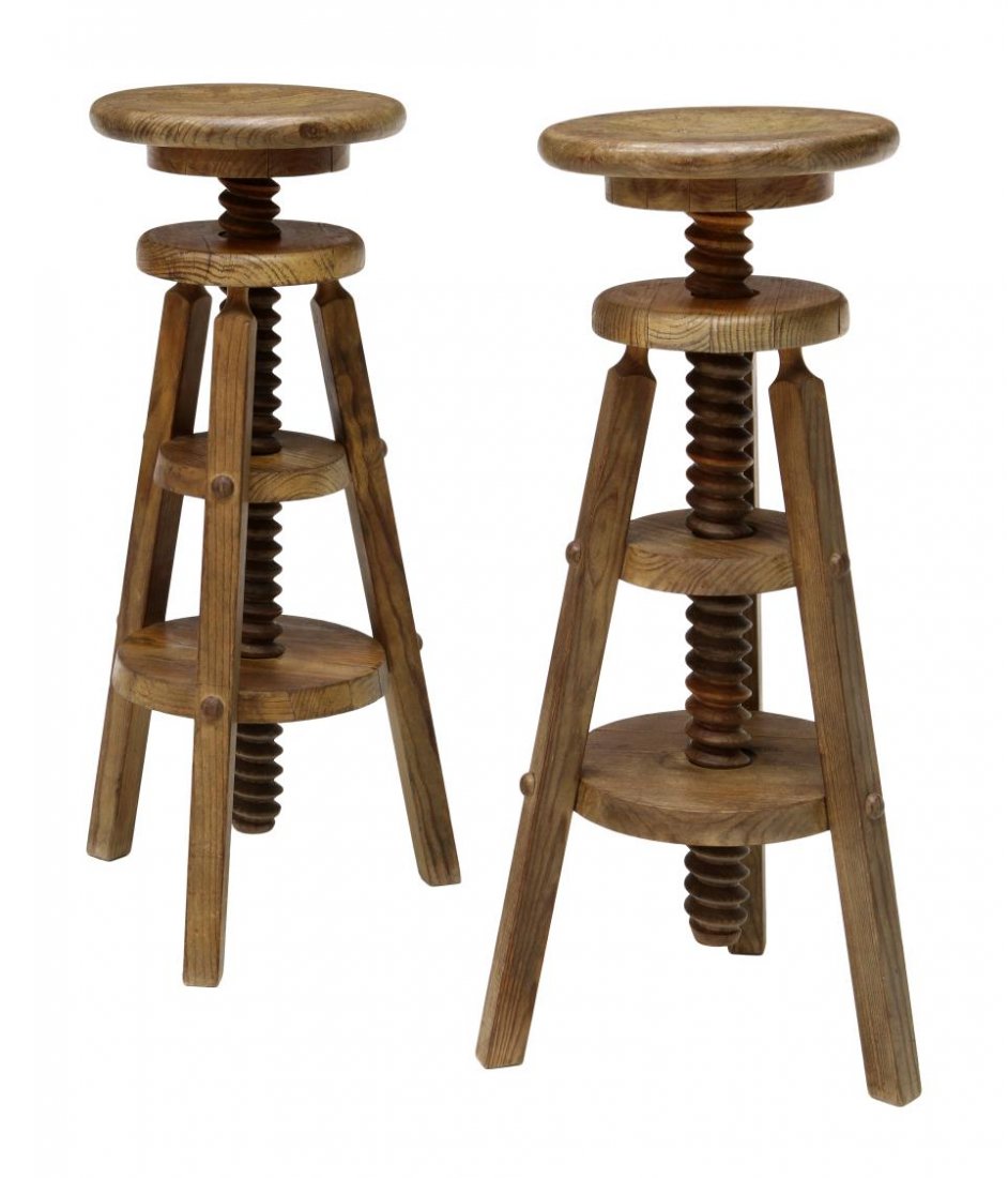 (2) ANTIQUE RUSTIC SPANISH PINE & OAK STOOLS: (lot of 2) Rustic Spanish stools of pine and oak, c.1890, the circular seat of each rising on a corkscrew stem, three squared supports attached with wooden pegs, 28"h, 15"w Start Price: $150.00