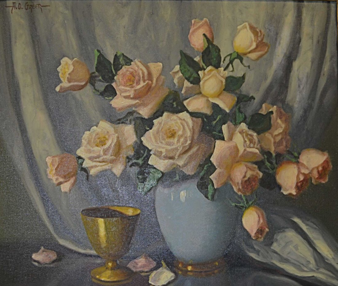A.D. GREER (1904-1998), YELLOW ROSES PAINTING: Framed oil painting on canvas, Yellow Roses in Blue Vase, signed upper left A.D. Greer ( (Aubrey Dale Greer, American, 1904-1998), sight: 19.25"h, 23.25"w, overall: 25.5"h, 29.5"w, 8.5lbs Start Price: