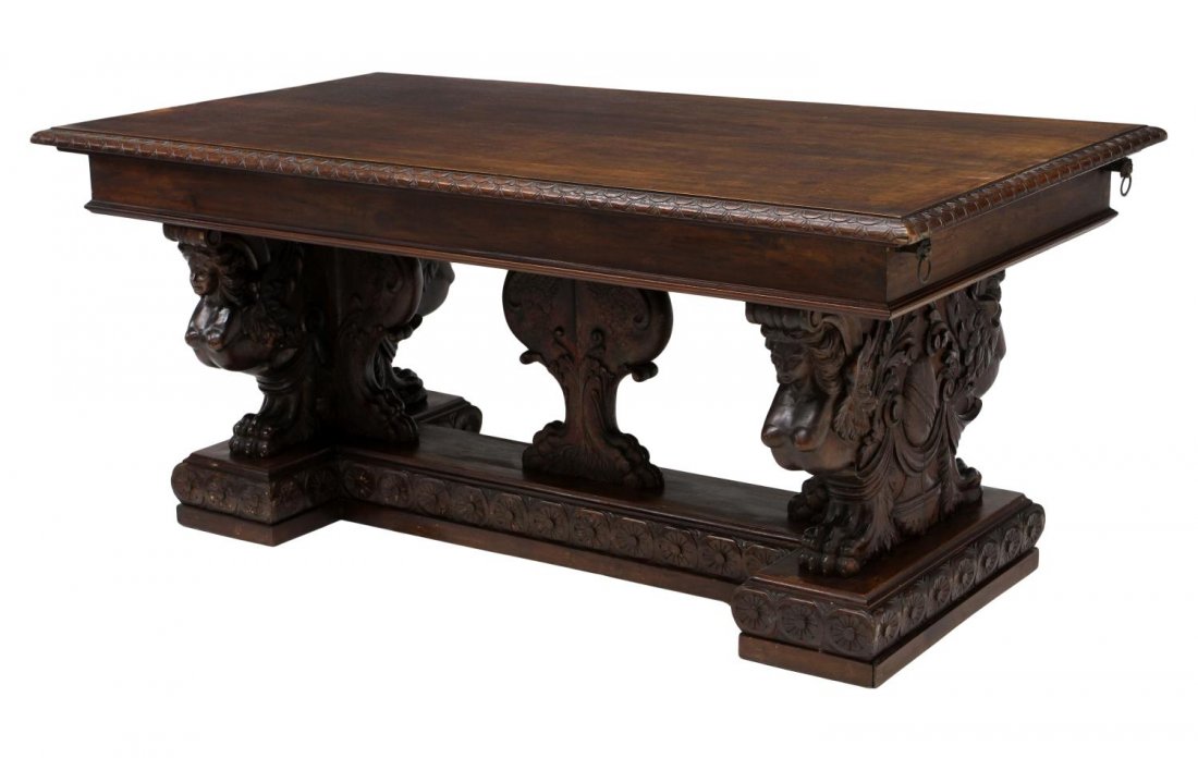 ITALIAN RENAISSANCE REVIVAL DINING TABLE: Italian Renaissance Revival dining table, early 20th c., having a carved edge rectangular top raised on winged female figural supports set on a carved H form base, 32.25"h, 72.75"l, 39.25"d Start Pric
