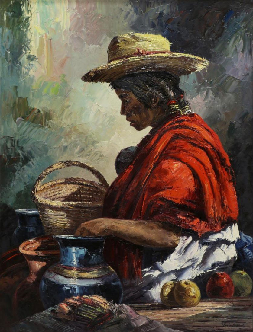 JOSE VIVES-ATSARA 1919-2004 "TRISTEZA" PORTRAIT: Framed oil painting on board, "Tristeza, Mexico" signed lower right Vives-atsara (Jose Vives-Atsara, Spain, Texas, 1919 - 2004), signed, titled, dated on verso paper, sight: 39.5"h, 29.5"w, overall: 4