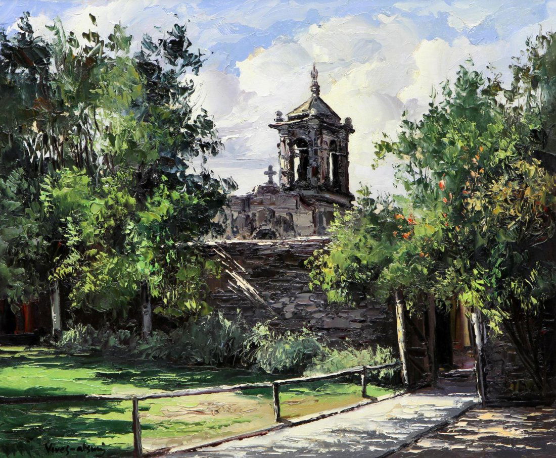 JOSE VIVES-ATSARA 1919-2004 TEXAS MISSION PAINTING: Framed oil painting on board, "San Jose Mission, San Antonio", signed lower left Vives-atsara (Jose Vives-Atsara, Spain, Texas, 1919 - 2004), signed, titled on verso paper, sight: 19.5"h, 23.5"w, over