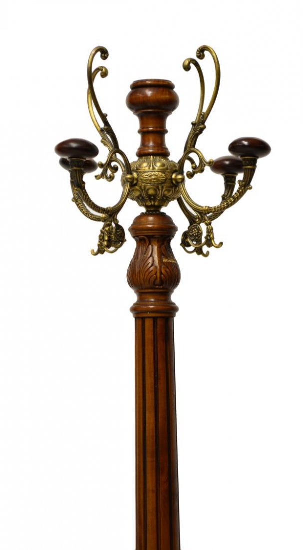 ITALIAN GILT METAL & WOOD HALL TREE: Italian gilt metal and wood hall tree, 20th c., ribbed standard and acanthus top holding gilt metal bulbous topper having egg and dart decor issuing four scrolled arms of floral and foliate relief, ra