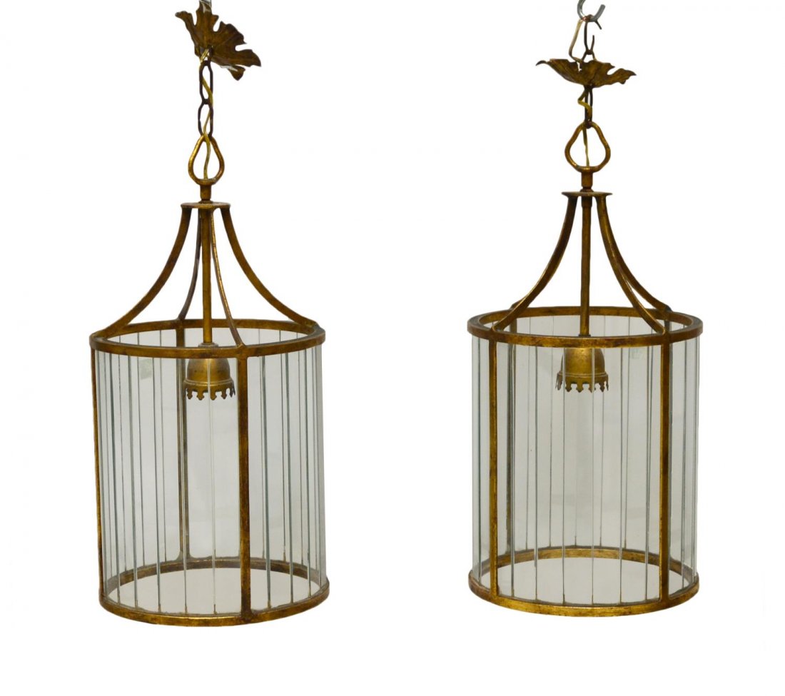 (PAIR) ITALIAN GILT METAL & GLASS HANGING LANTERNS: (pair) Italian gilt metal and glass lantern one light hanging lamps, 20th c., gilt metal circular frame having glass panels housing one light, in need of wiring, approx 25"h, 10"w Start Price: $150.00