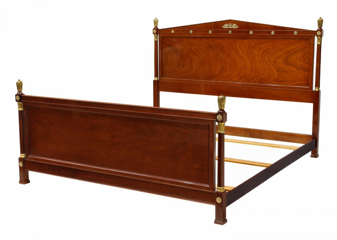 FRENCH EMPIRE STYLE MAHOGANY KING SIZE BED: French Empire style king size mahogany bed, Kindel Furniture Company, the pediment headboard with flanking columns and brass decoration, complete with footboard and side rails, headboard: 55.25"h, 78.