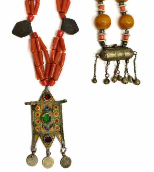 (2) MIDDLE EASTERN BEADED & METAL NECKLACES: (lot of 2) Middle Eastern beaded necklaces: (1) having large amber tone beads with spacers, silver tone pendant, 21"l; (1) having large pendant set with colored glass, drop coins with Arabic writing, 