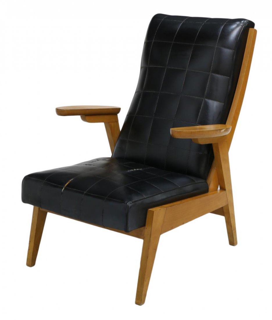 ITALIAN MID-CENTURY MODERN BIRCH FRAME ARM CHAIR: Italian mid-century modern chair, late 1940's, design attributed to B.B.P.R., Giussano, a birch finish wood frame with stitched black vinyl back and seat, arms raised on angular leg supports, angled t