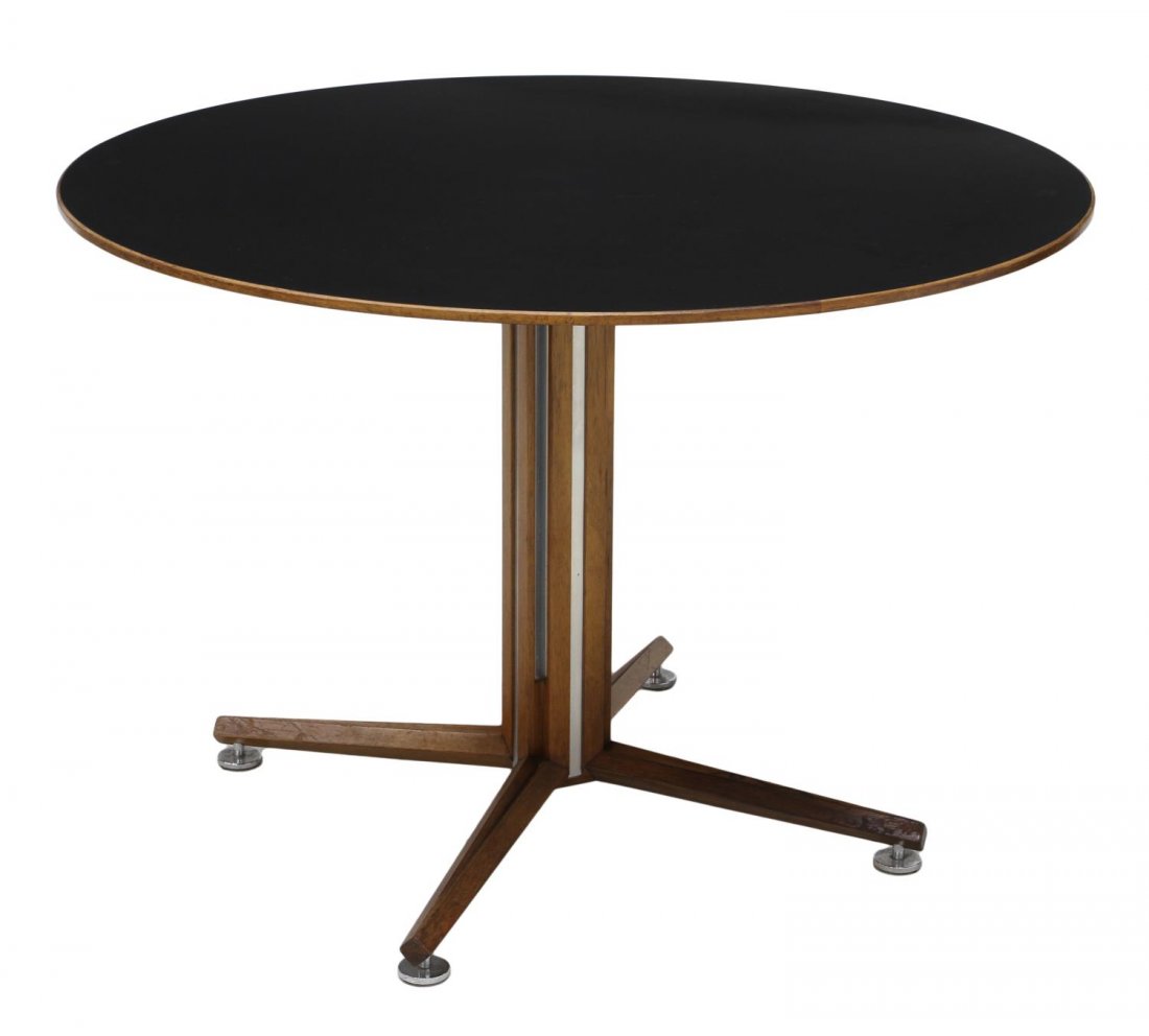 WORMLEY DUNBAR CIRCULAR TOP DINING TABLE: Dunbar dining table, design by Edward Wormley (American, 1907-1995), the black composite top rising on a central pedestal of alternating rosewood and aluminum strips, four extended legs on circular ch