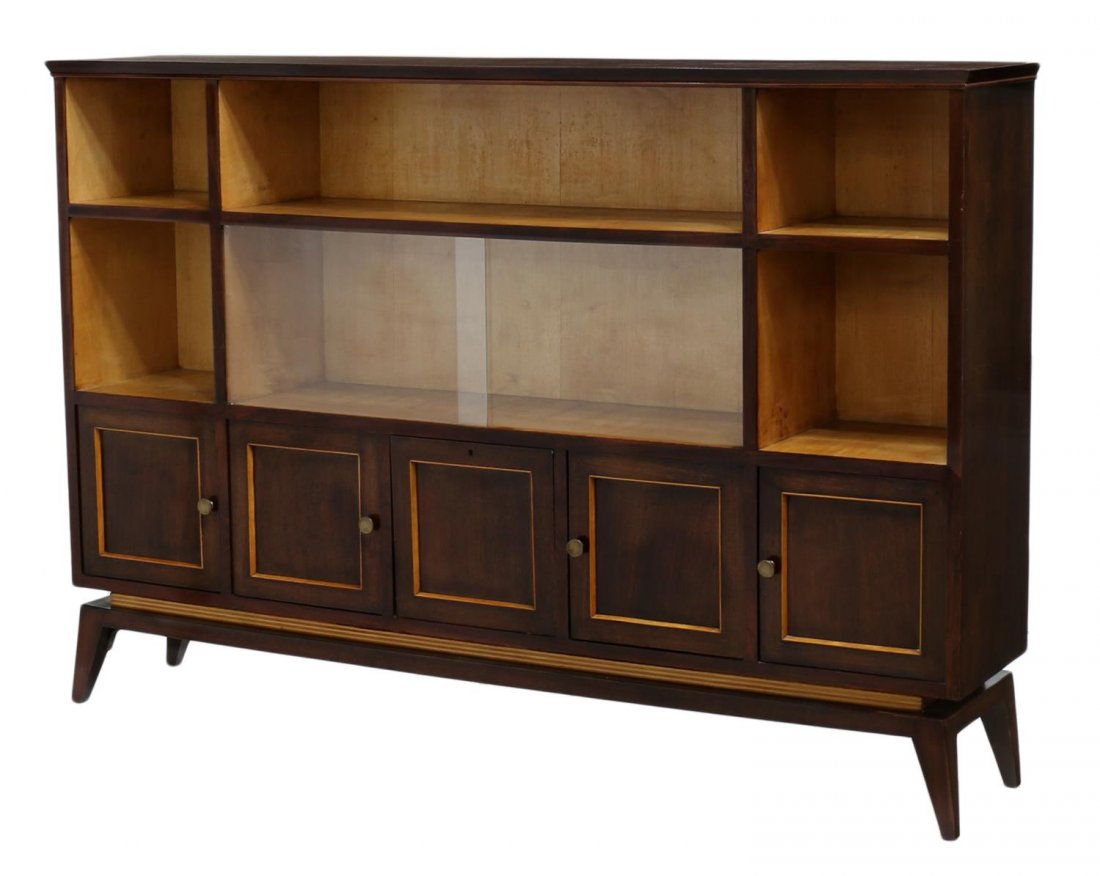 ITALIAN MID-CENTURY MODERN FLOATING BOOKCASE: Italian mid-century modern floating bookcase, c. 1940, design attributed to Paolo Buffa (Italian, 1903-1970), divided open display fix shelves over four paneled cabinet and one drop front doors, all o