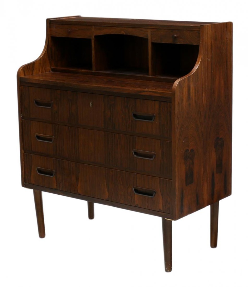 DANISH MID-CENTURY MODERN ROSEWOOD BUREAU: Danish mid-century modern rosewood bureau, open work surface top with three small drawers and storage slots, over three full length drawers, rising on cylindrical turned legs, approx 38.5"h, 33.5"w, 1