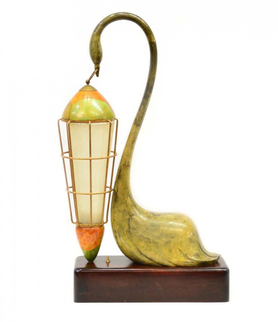 LARGE CONTINENTAL CARVED SWAN TABLE LANTERN: Continental carved wood table lamp, 20th c., a long neck swan holding lantern housing one light, partial frog leather cover, raised on a rectangular pedestal, in need of wiring, some old wood worm hol