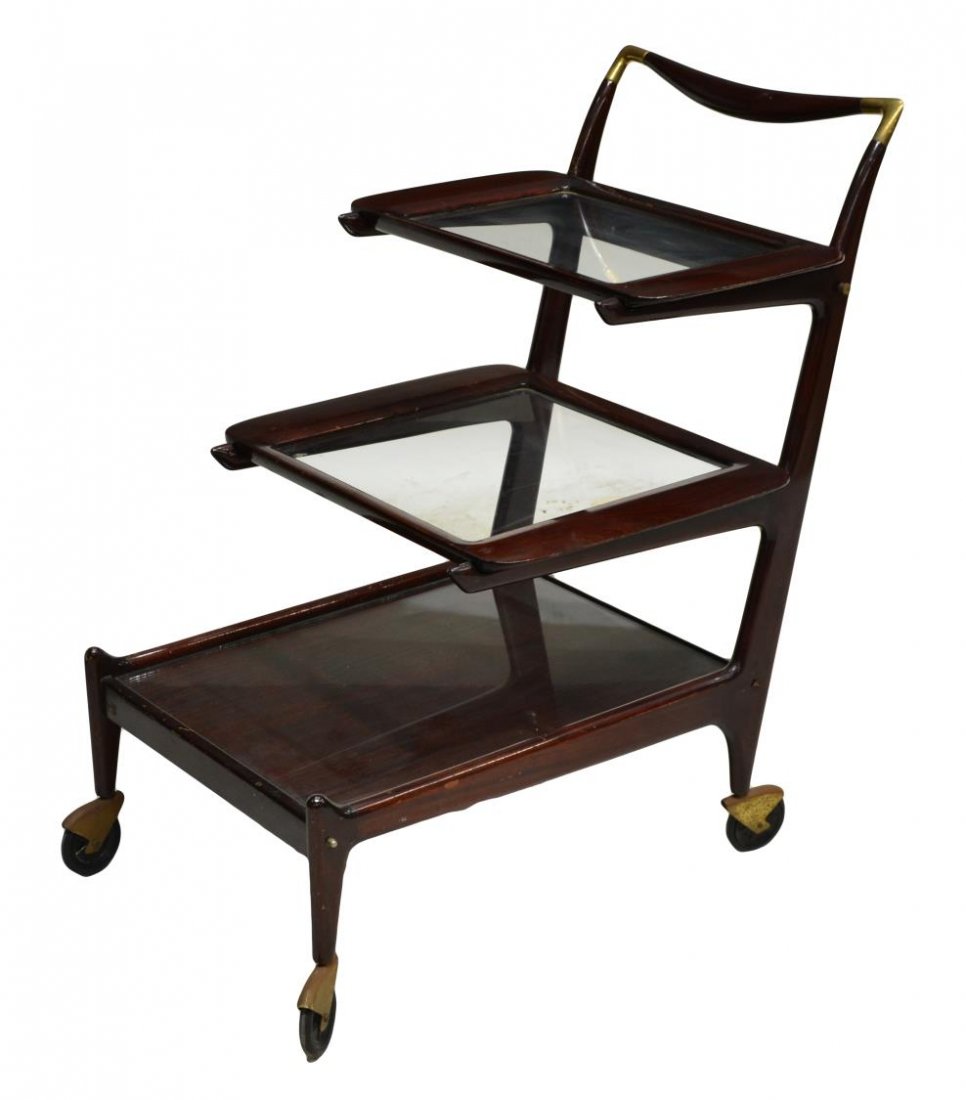 ITALIAN MID-CENTURY MODERN SERVICE TROLLY CART: Italian mid-century modern tea or service cart, c. 1940's / 50's, in the manner of Cesare Lacca (Italian, 20th c.), two removable glass tray tiers, gilt brass accents, on tapering legs ending in casto