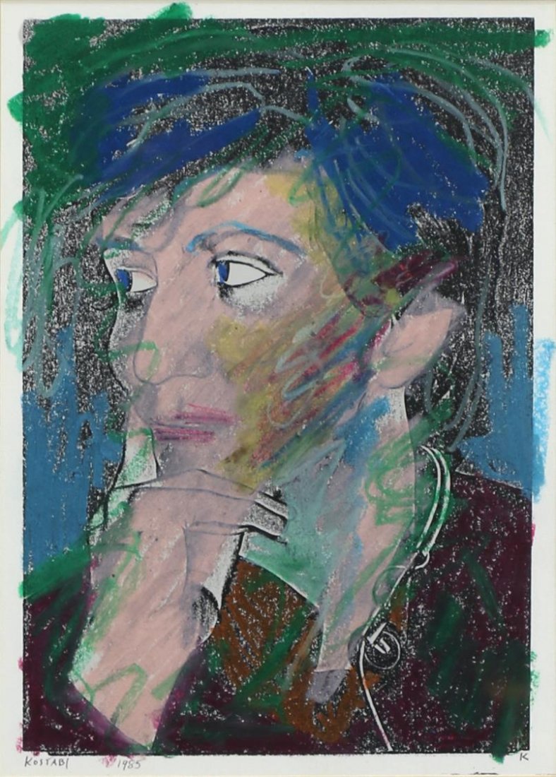 MARK KOSTABI (B. 1960) PORTRAIT, MAN & HEADPHONES: Framed oil pastel on photo copy, Man with Headphones, signed, dated lower left Kostabi 1985 (Kalev Mark Kostabi, American, b. 1960), sight: 10.75"h, 7.5"w, overall: 15.25"h, 12.25"w, 3.5lbs Start Pric