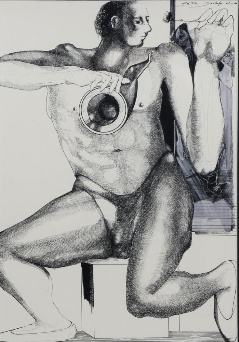 FRAMED PEN & INK DRAWING, CESAR SANTAFE, (b. 1954-: Framed pen & ink drawing, Cesar Santafe (b. 1954 - Columbia), signed upper right Cesar Santafe Oct 25, '86, sight: 18" h, 13.25" w, overall: 28.5" h, 21.5" w, 10lbs *Provenance: Estate of Walter Hamil