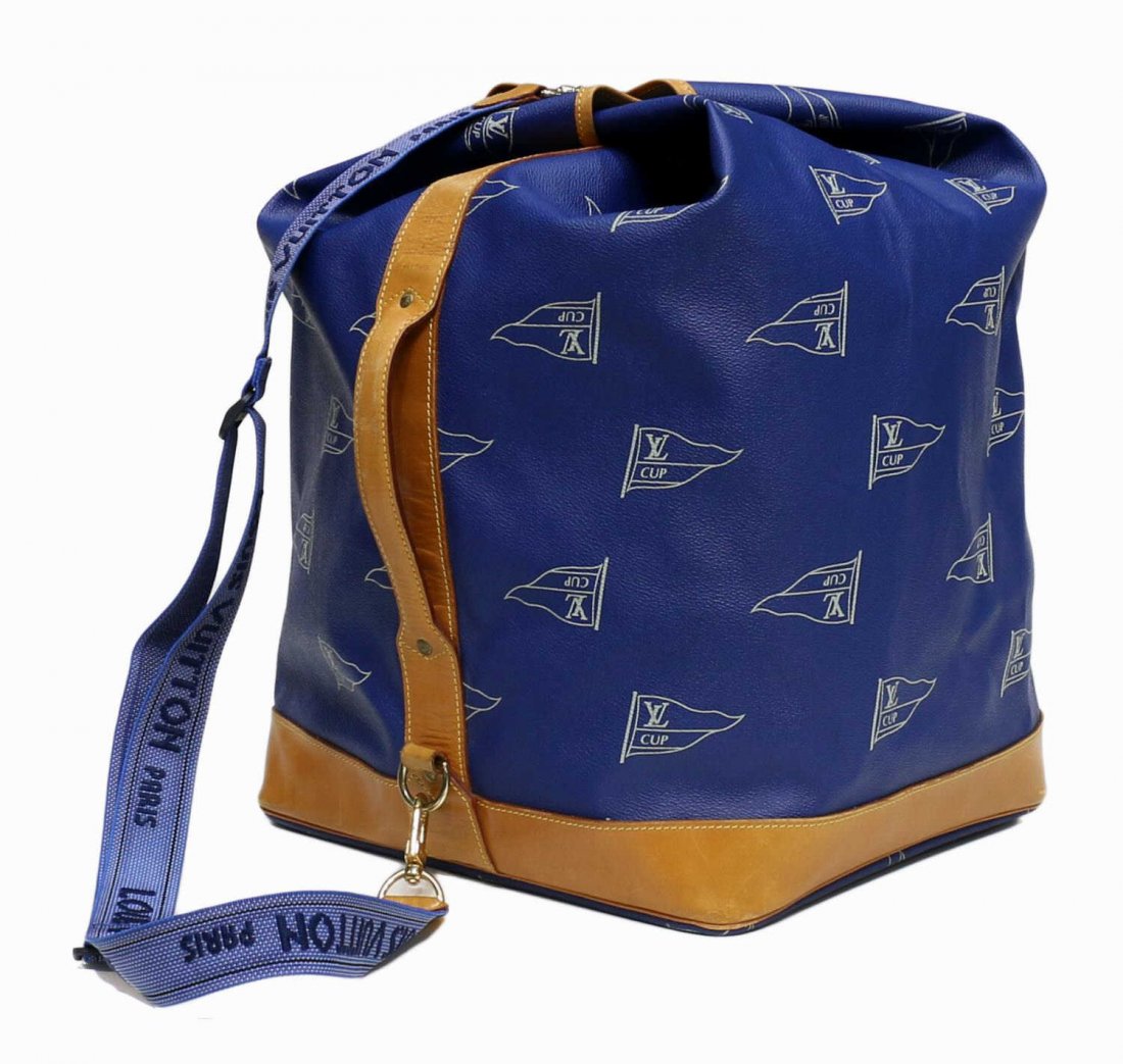 LOUIS VUITTON 'SAC MARIN' BLUE TRAVEL DUFFLE BAG: Louis Vuitton "Sac Marin" duffle travel bag in blue coated canvas with tan leather trim and gold hardware, limited edition LV Cup, blue canvas strap, wear to trim on base, bag: approx 21"h, 13.5"w, 11