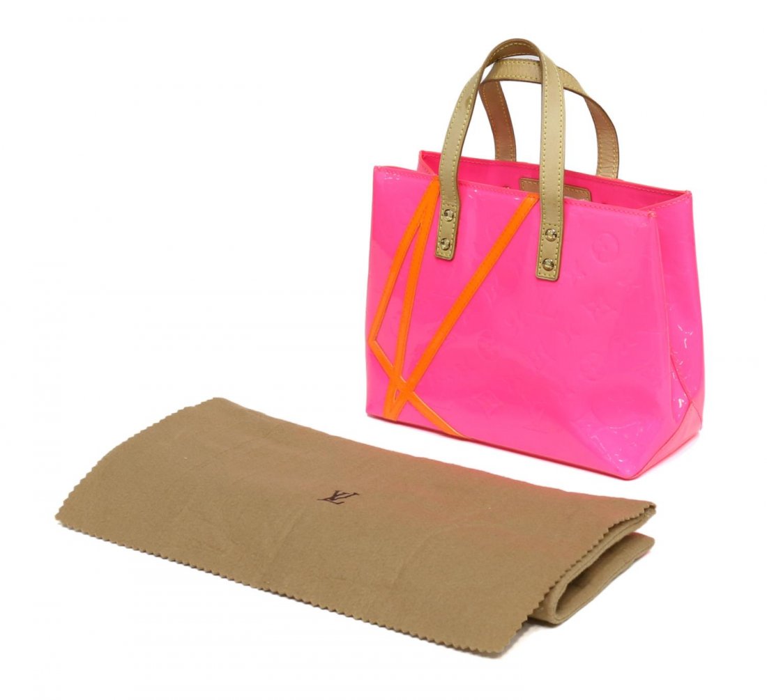 LOUIS VUITTON HOT PINK READE MONOGRAM HANDBAG: Louis Vuitton 'Reade' pm handbag in fluorescent pink and orange monogram Vernis, limited edition Robert Wilson, honeyed leather handles, single interior zippered pocket, accompanied by dust bag, marks