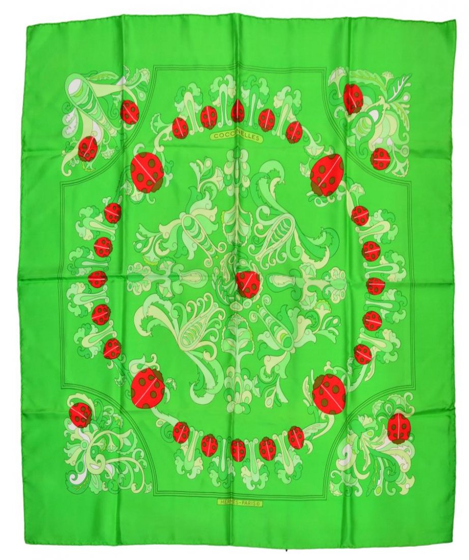HERMES COCCINELLES SILK TWILL NECK SCARF: Hermes Paris 'Coccinelles' silk twill scarf in green and red, design originally issued 1979 by Karin Swildens, depicting lady bugs amongst floral vegetation, hand sewn edges, scarf: approx 35"l, 35"w,