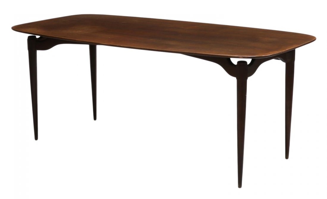 ITALIAN MID-CENTURY MODERN FLOATING TOP TABLE: Italian mid-century modern dining table, c. 1950's / 1960's, with a shaped 'floating' top with rounded corners, rising on cylindrical tapering supports, approx 30"h, 73"w, 37"d Start Price: $300.00